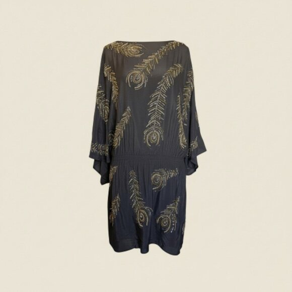 BoYod Black Hand Beaded Peacock Feather Dress S Boho Semi Sheer - Picture 2 of 16